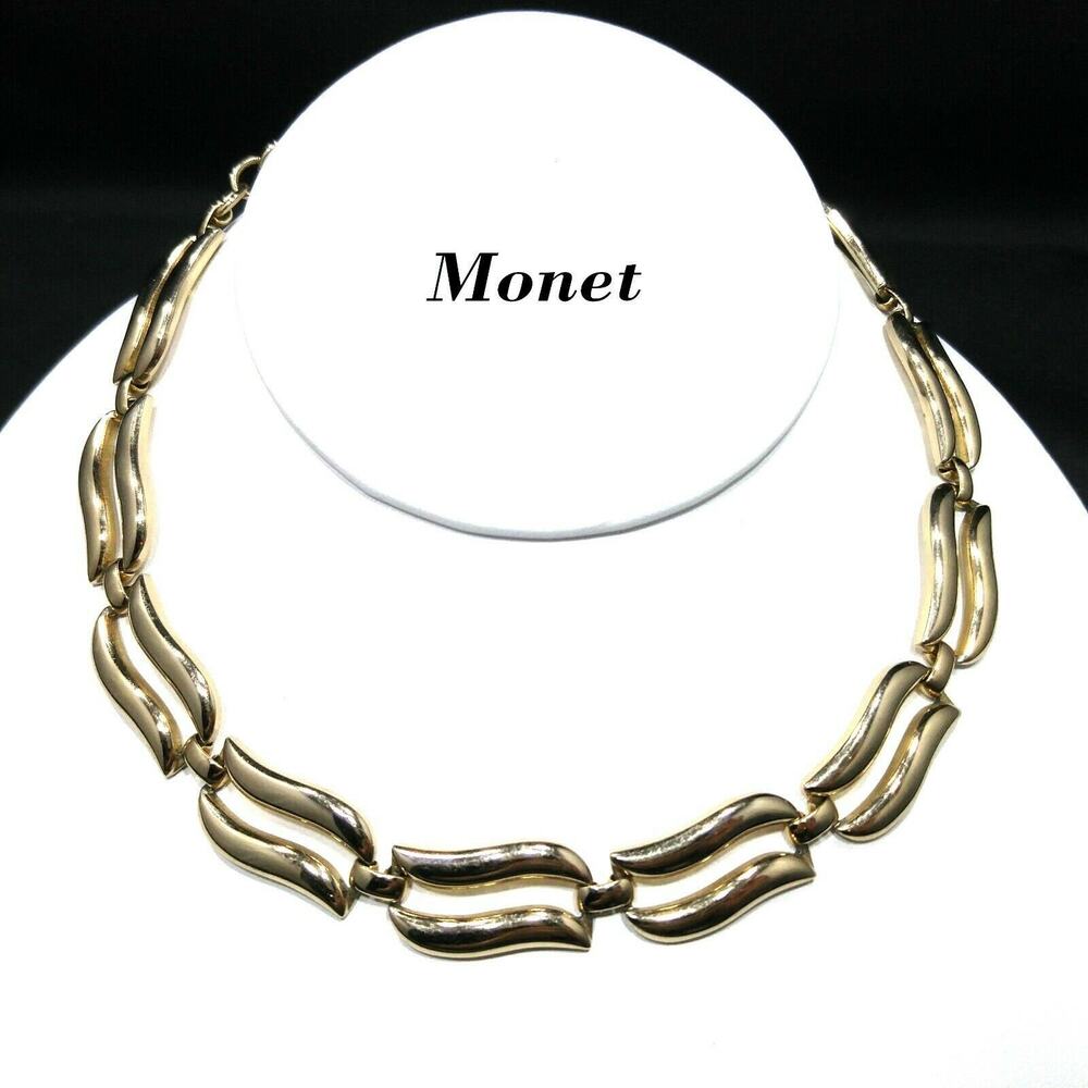 Vintage Monet Medley Necklace Book Piece, Gold Plated Choker 1950s Jewelry 14.5"